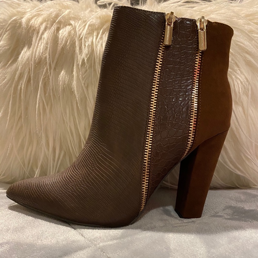 Brown Booties (Diane Zipper Heeled Bootie) Size 9